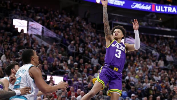 Feb 22, 2024; Salt Lake City, Utah, USA; Utah Jazz guard Keyonte George (3) shoots an open shot during the second quarter at Delta Center. 